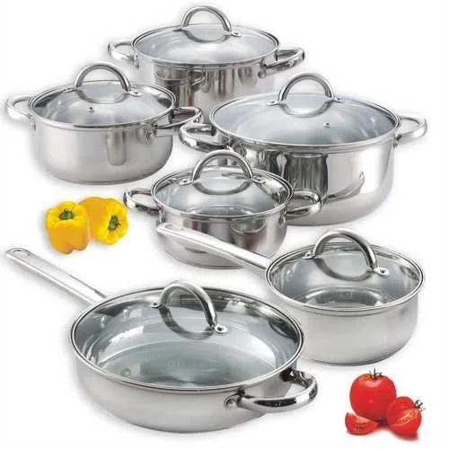 12-Piece Stainless Steel Cookware Set with Tempered Glass Lids