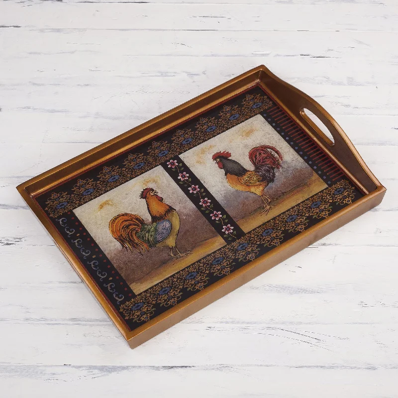 Rooster-Themed Reverse Painted Glass Tray - Crowing Roosters