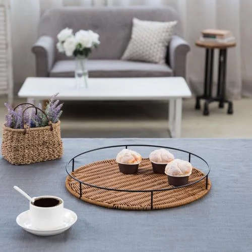 Round Woven Rattan Tray with Metal Frame