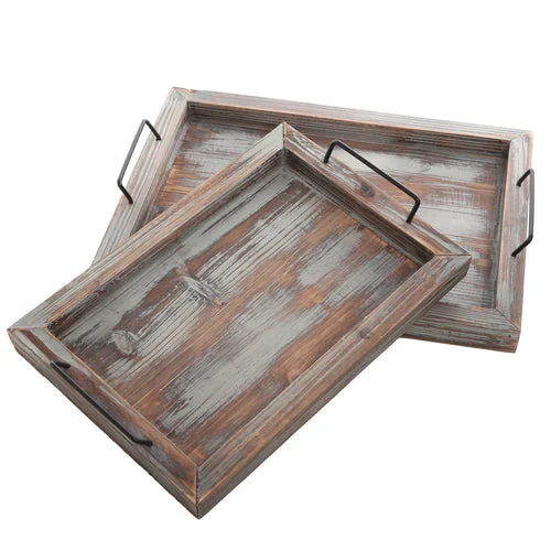 Rustic Brown Wood Serving Trays, Set of 2