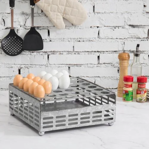 Rustic Silver Galvanized Metal Eggs Tray and Storage Basket