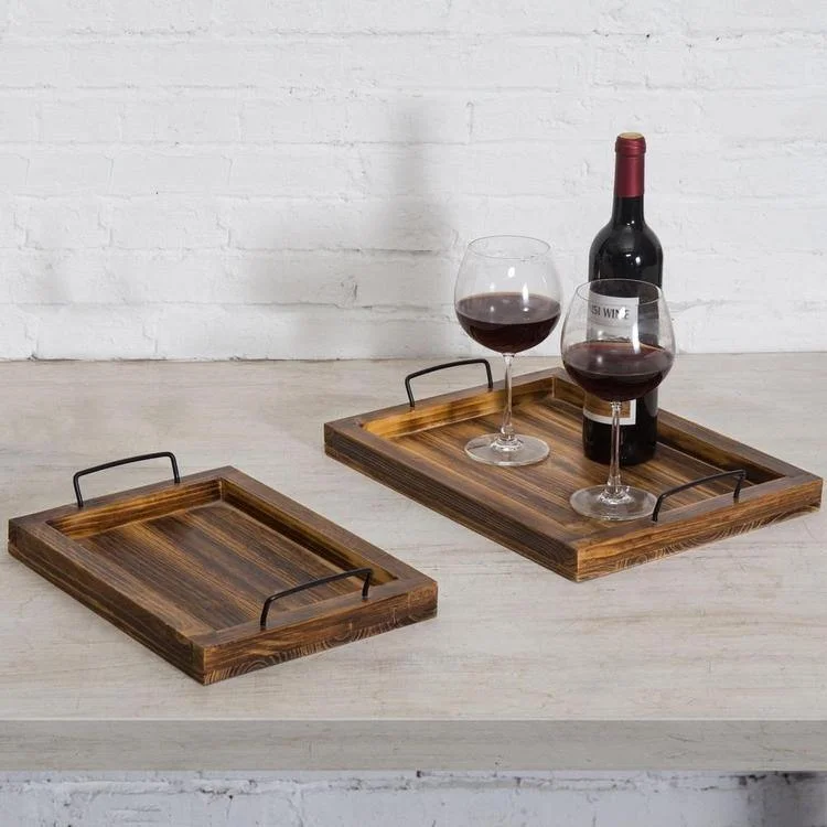 Rustic Torched Wood Serving Trays, Set of 2