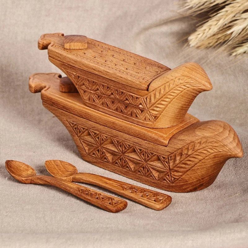 Set of 2 Hand-Carved Bird-Shaped Beechwood Condiment Bowls - Sylvan Delight