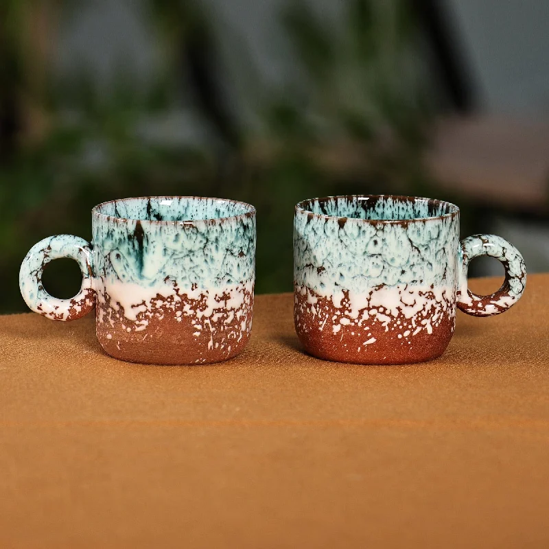 Set of 2 Handmade Aqua and Brown Ceramic Cups - Aqua Coffee Breeze