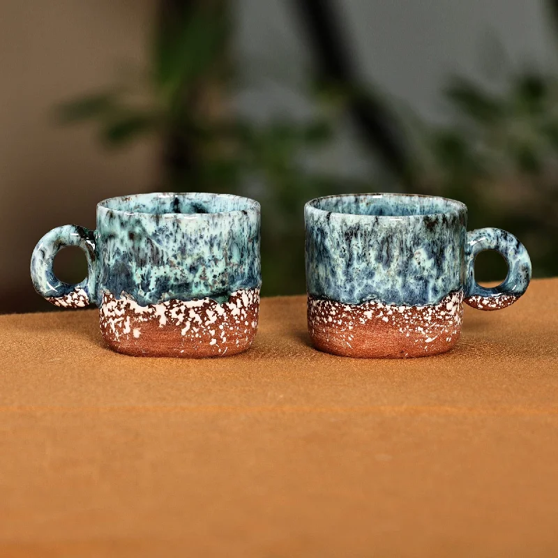 Set of 2 Handmade Blue and Brown Ceramic Cups and Saucers - Blue Coffee Breeze