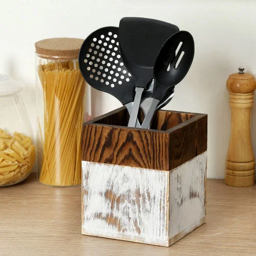 Shabby-Chic Whitewashed & Burnt Wood Kitchen Utensil Holder