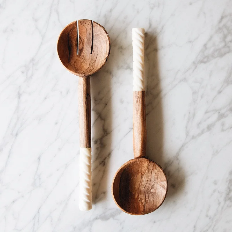 Spiral Handle Olive Wood Salad Servers