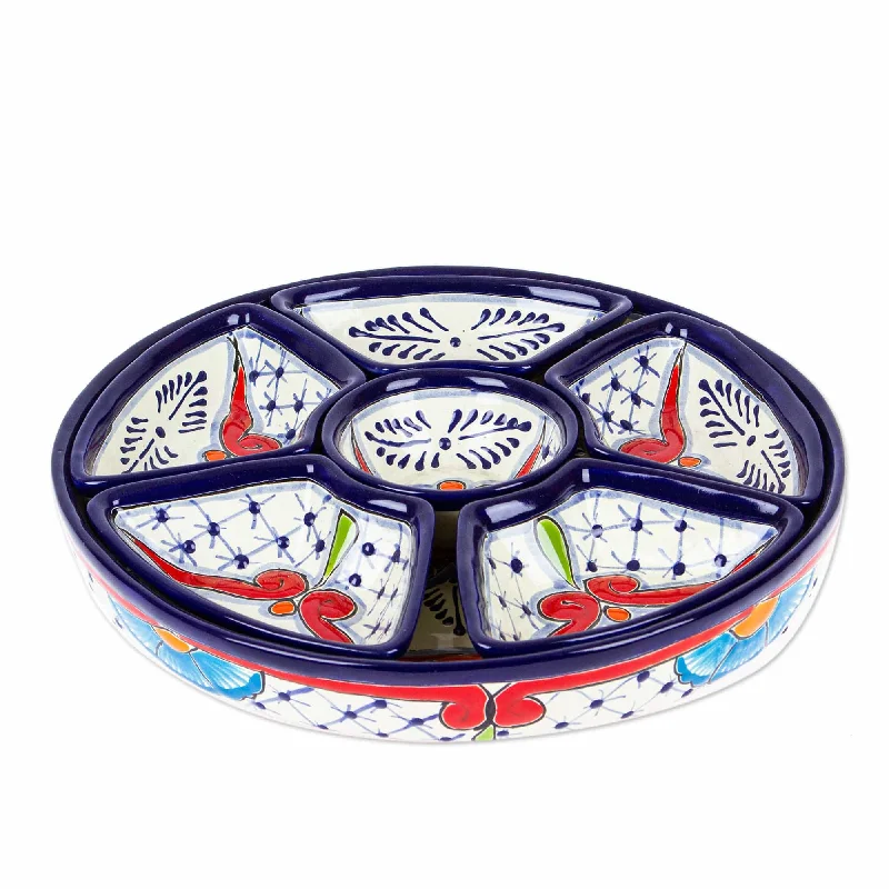 Talavera Blue and Red Ceramic Appetizer Bowl Set (7 Pieces) - Marvelous Flowers