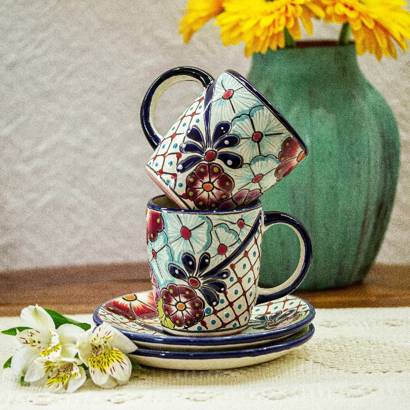 Talavera-Style Cups and Saucers (Pair) - Colors of Mexico