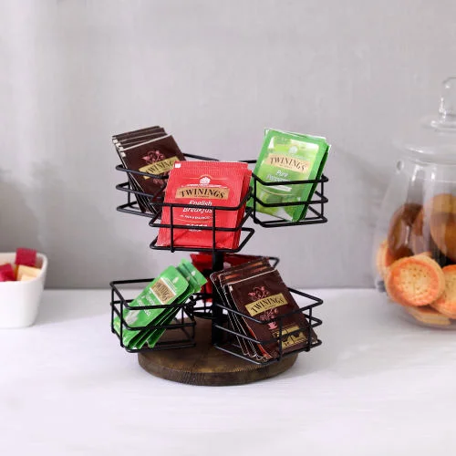 Tea Bags Storage Carousel w/ Dark Brown Burnt Wood & Black Metal Wire