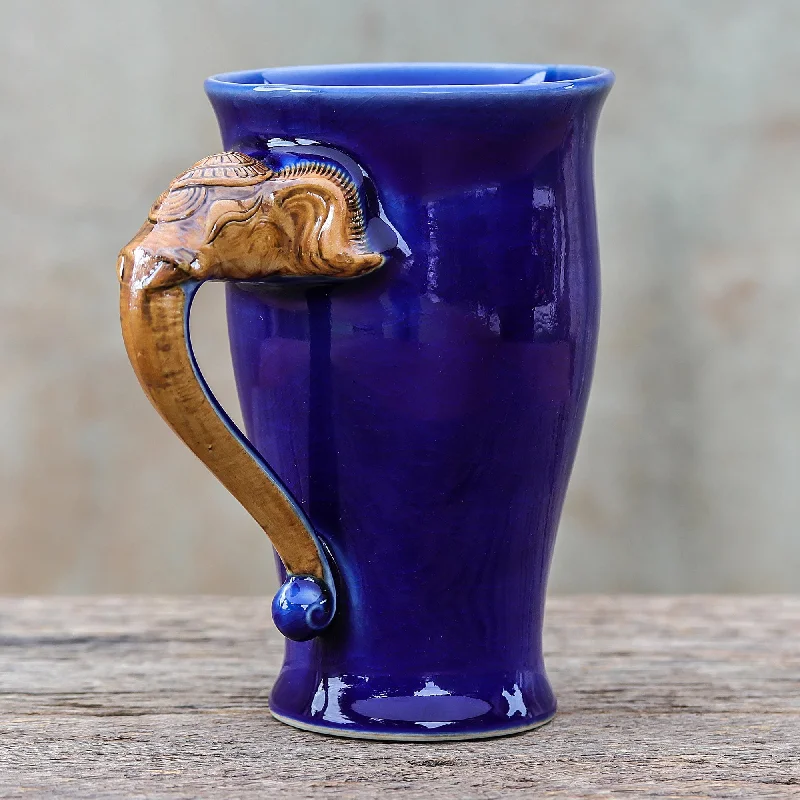 Thai Elephant-Themed Celadon Ceramic Mug in Blue - Elephant Handle in Blue