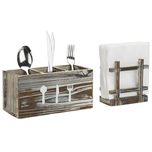 Torched Wood Napkin Holder & Utensil Caddy, 2 Piece Set