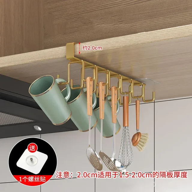 Under Cabinet Kitchen Organizer, Double Row Iron Under Shelf Mug Hanger (Gold)