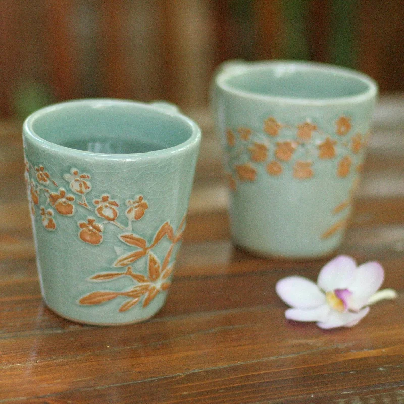 Unique Floral Ceramic Coffee Mugs (Pair) - Golden Orchid