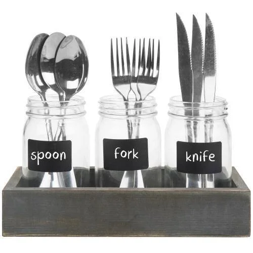 Utensil Organizer w/ Mason Jars, Chalkboard Labels and Vintage Gray Wood Tray