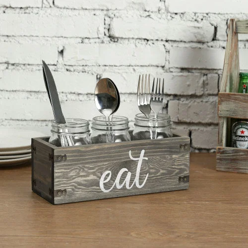 Vintage Gray Wood & Mason Jar Utensil Holder w/ EAT Writing & Metal Wraps