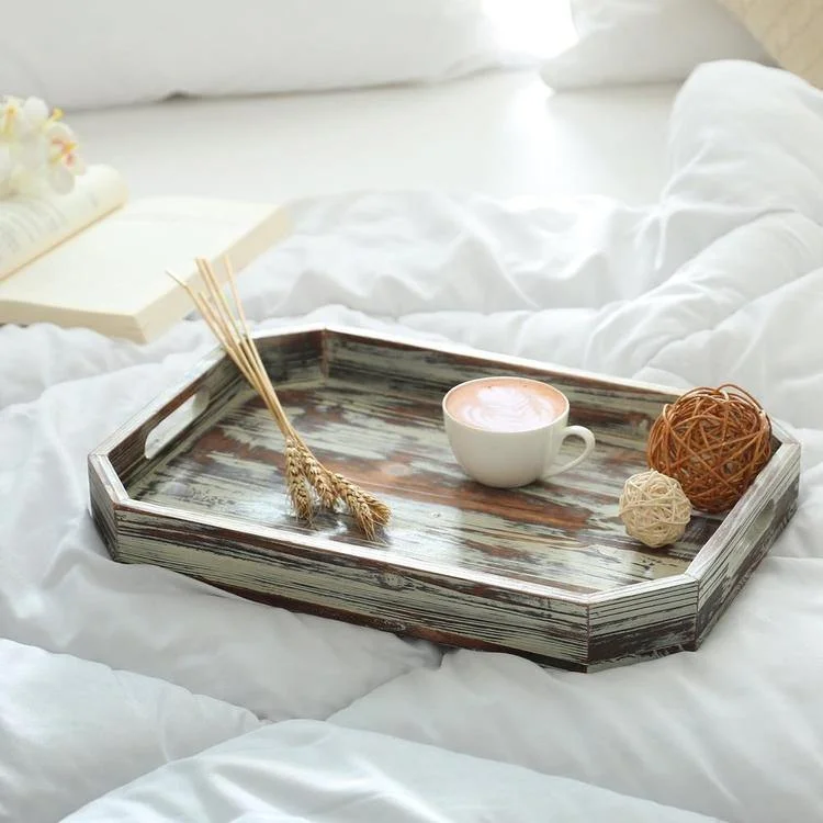 Vintage Inspired Torched Wood Serving Tray with Angled Edges