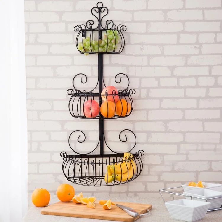 Wall Mounted Scrollwork Design Black Iron Fruit Basket