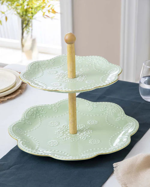 Wave Edge Embossed 2 Tire Cake Stand - Green