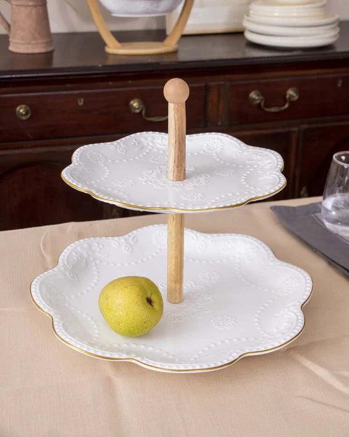 Wave Edge Embossed 2 Tire Cake Stand - White