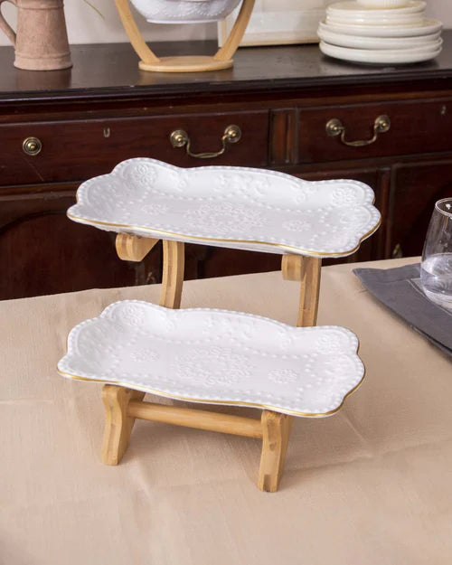 Wavy Edge 2 Tire Serving Platter With Wooden Stand - White