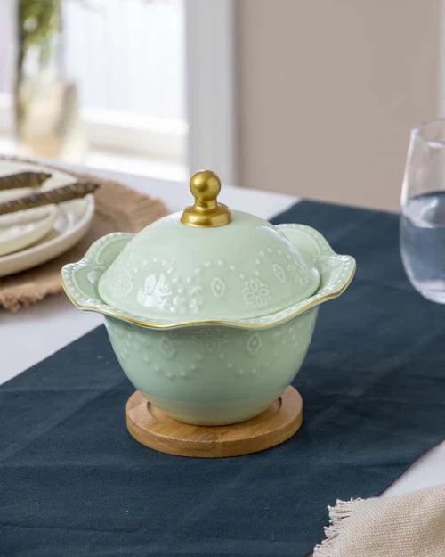 Wavy Edge Dessert Bowl With Lid - Green