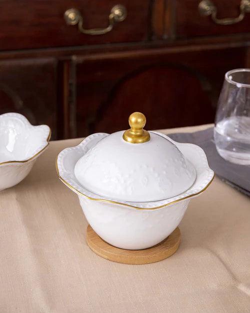 Wavy Edge Dessert Bowl With Lid - White