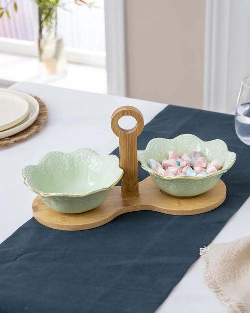 Wavy Edge Embossed Serving Bowls With Wooden Stand - Green