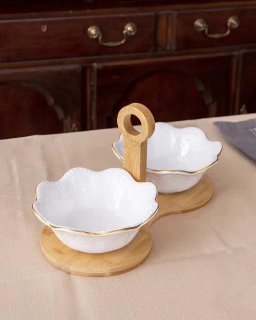 Wavy Edge Embossed Serving Bowls With Wooden Stand - White