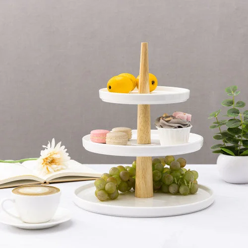 White Ceramic & Natural Brown Wood Dessert Display Stand