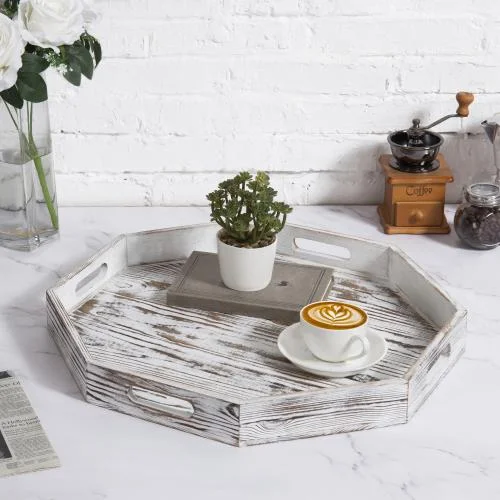 Whitewashed Wood Octagonal Serving Tray