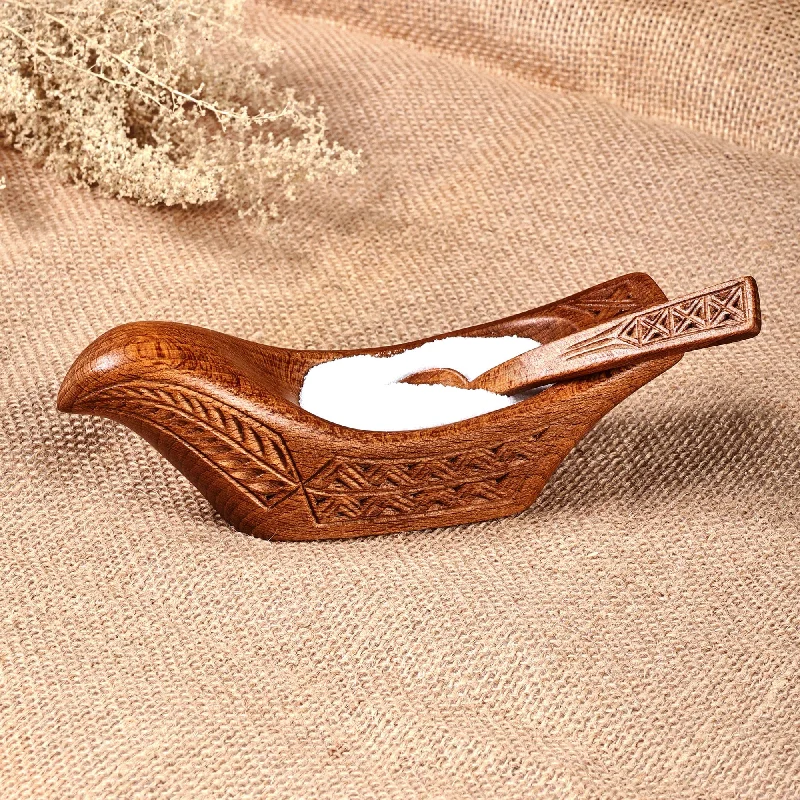 Wood Bird Condiment Dish with Spoon Hand-Carved in Armenia - Birdie Delight